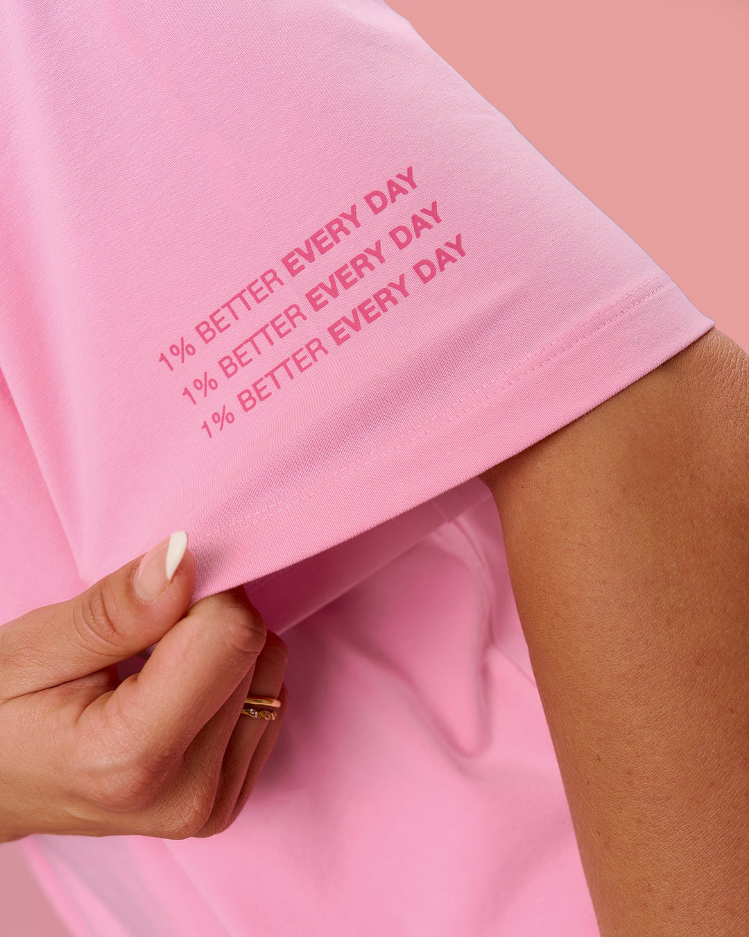 Woman wearing Go-To Heavyweight FLXCotton Graphic Skimmer Tee - Pink Rose-We Rise | Model:Bianca | Size:S - view 3