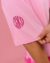 Woman wearing Go-To Heavyweight FLXCotton Graphic Skimmer Tee - Pink Rose-We Rise | Model:Bianca | Size:S | Thumbnail Index: 12