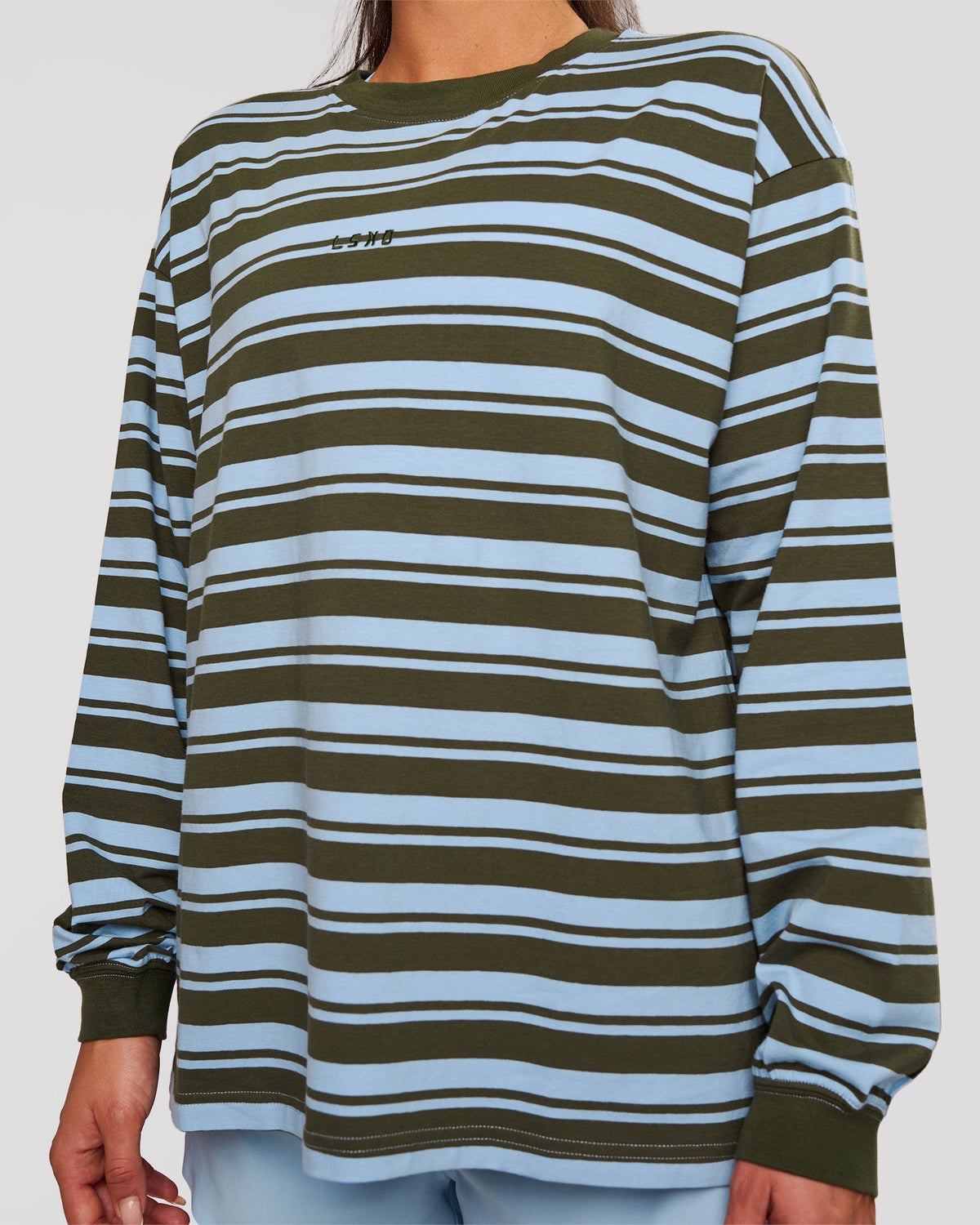 Woman wearing Go-To Shadow Stripe Long Sleeve FLXCotton Oversized Tee - Pure Olive-Open Air | Model:Bianca | Size:S - view 2