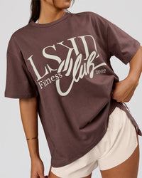 Woman wearing LSKD Fitness Club Heavyweight Oversized Tee - Cocoa Powder-Off White | Model:Bianca | Size:S | Thumbnail Index: 1