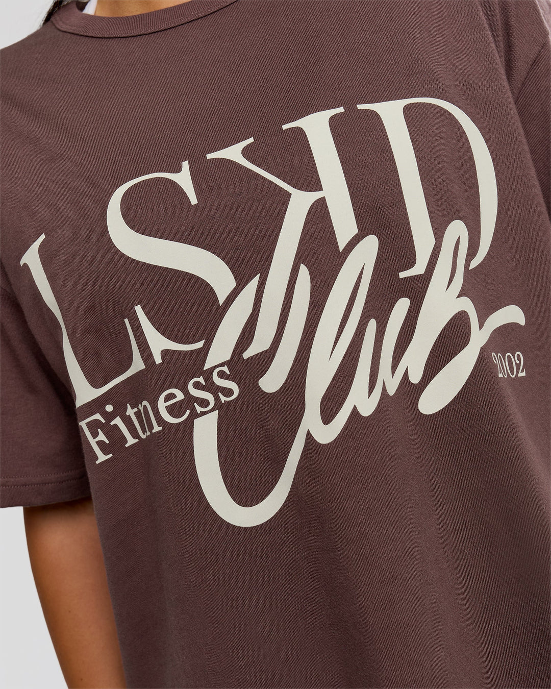 Woman wearing LSKD Fitness Club Heavyweight Oversized Tee - Cocoa Powder-Off White | Model:Bianca | Size:S - view 4