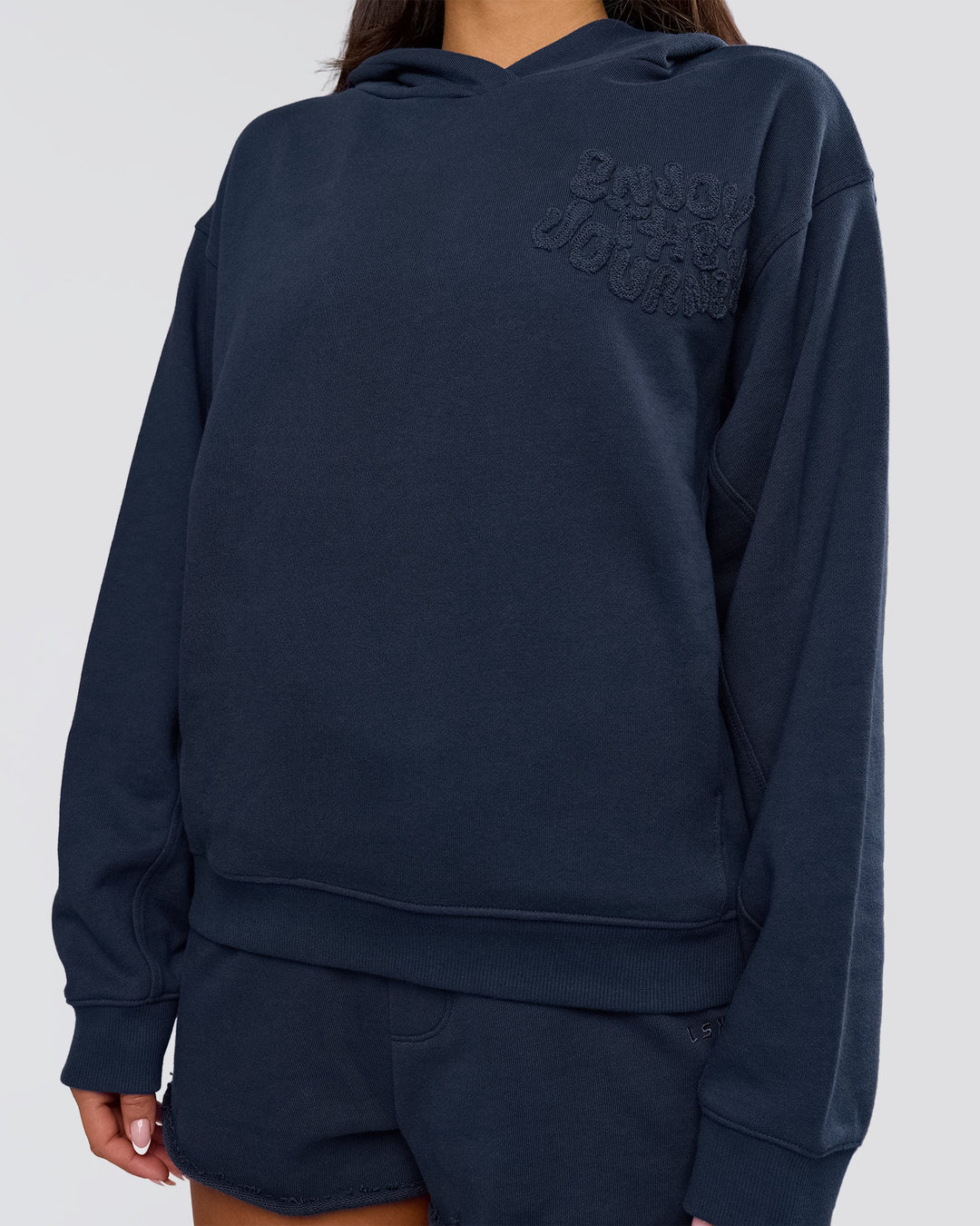 Woman wearing MVP Elite French Terry Hoodie - Future Navy | Model:Bianca | Size:S - view 4