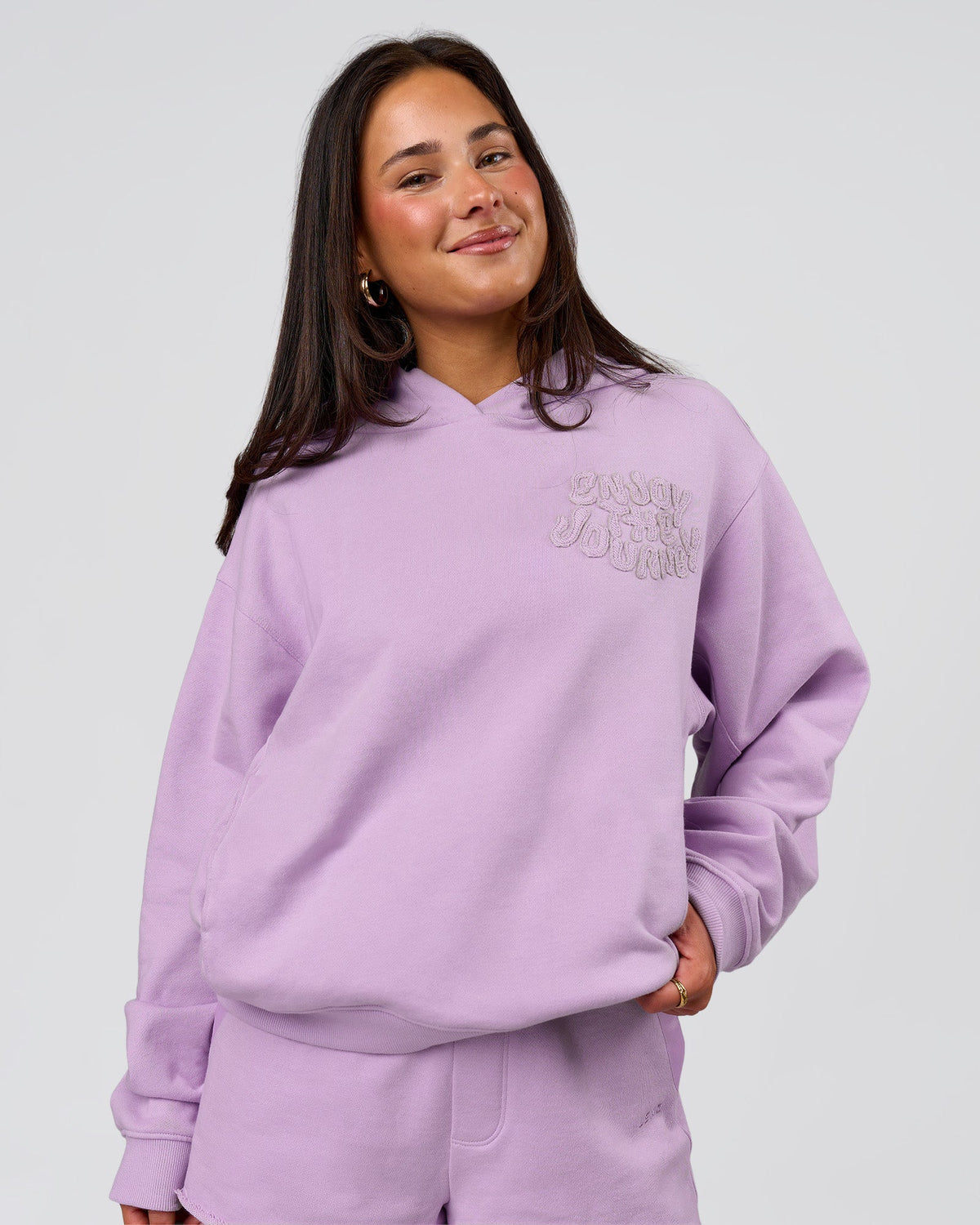 Woman wearing MVP Elite French Terry Hoodie - Pale Lilac | Model:Bianca | Size:S