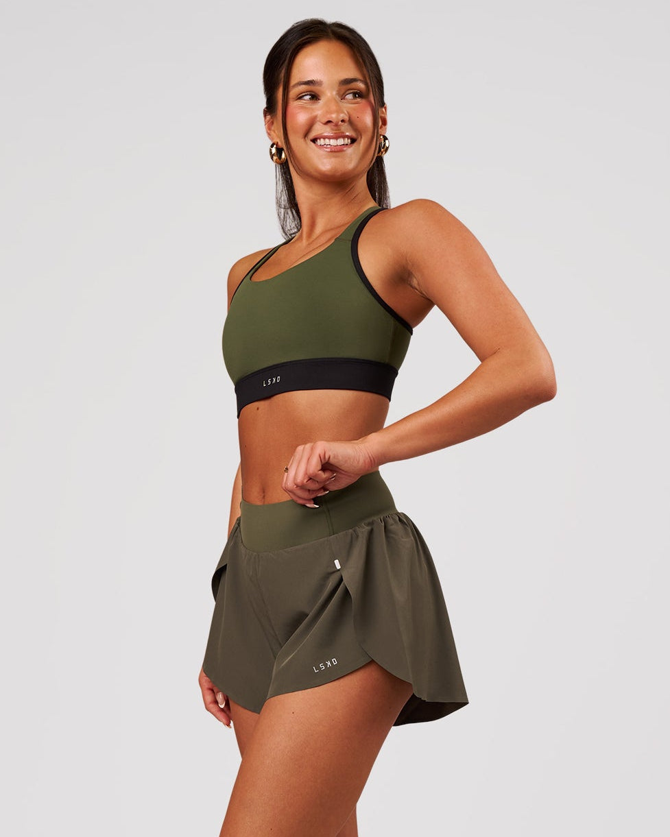 Woman wearing Pacer 3" Run Short - Pure Olive | Model:Bianca | Size:S - view 1