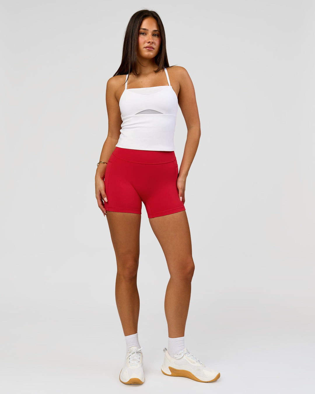 Woman wearing Podium Mesh Shelf Bra Tank - White | Model:Bianca | Size:S - view 7