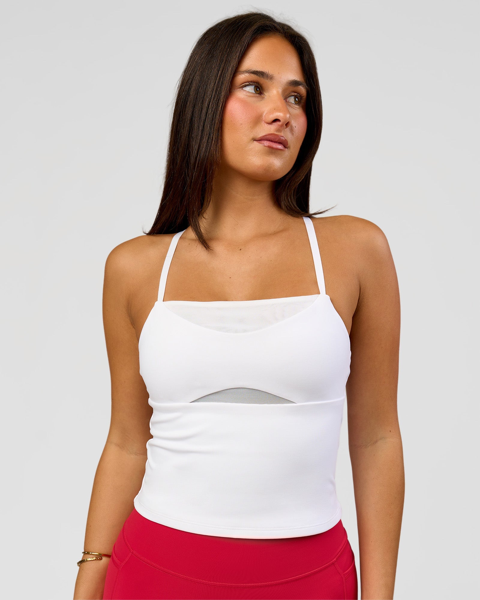 Woman wearing Podium Mesh Shelf Bra Tank - White | Model:Bianca | Size:S