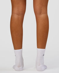 Woman wearing Script Quarter Socks 3 Pack 2.0 - Black-Grey-White | Model:Charli | Size:S