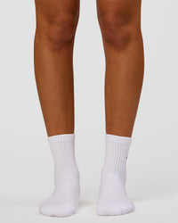 Woman wearing Script Quarter Socks 3 Pack 2.0 - Black-Grey-White | Model:Charli | Size:S