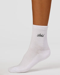 Woman wearing Script Quarter Socks 3 Pack 2.0 - Black-Grey-White | Model:Charli | Size:S