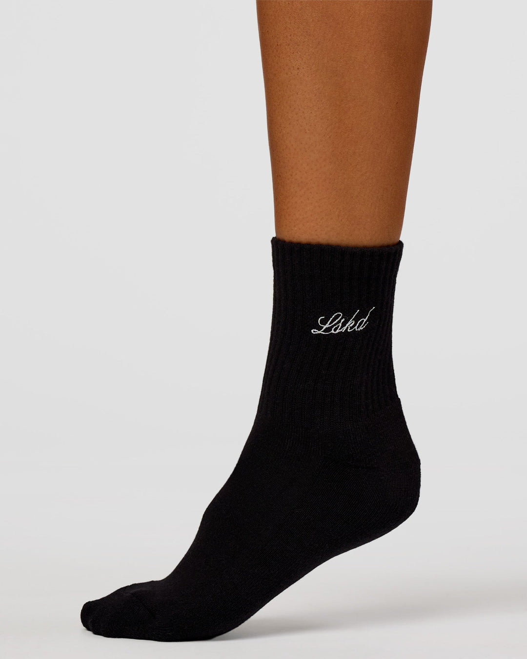 Woman wearing Script Quarter Socks 3 Pack 2.0 - Black-Grey-White | Model:Charli | Size:S