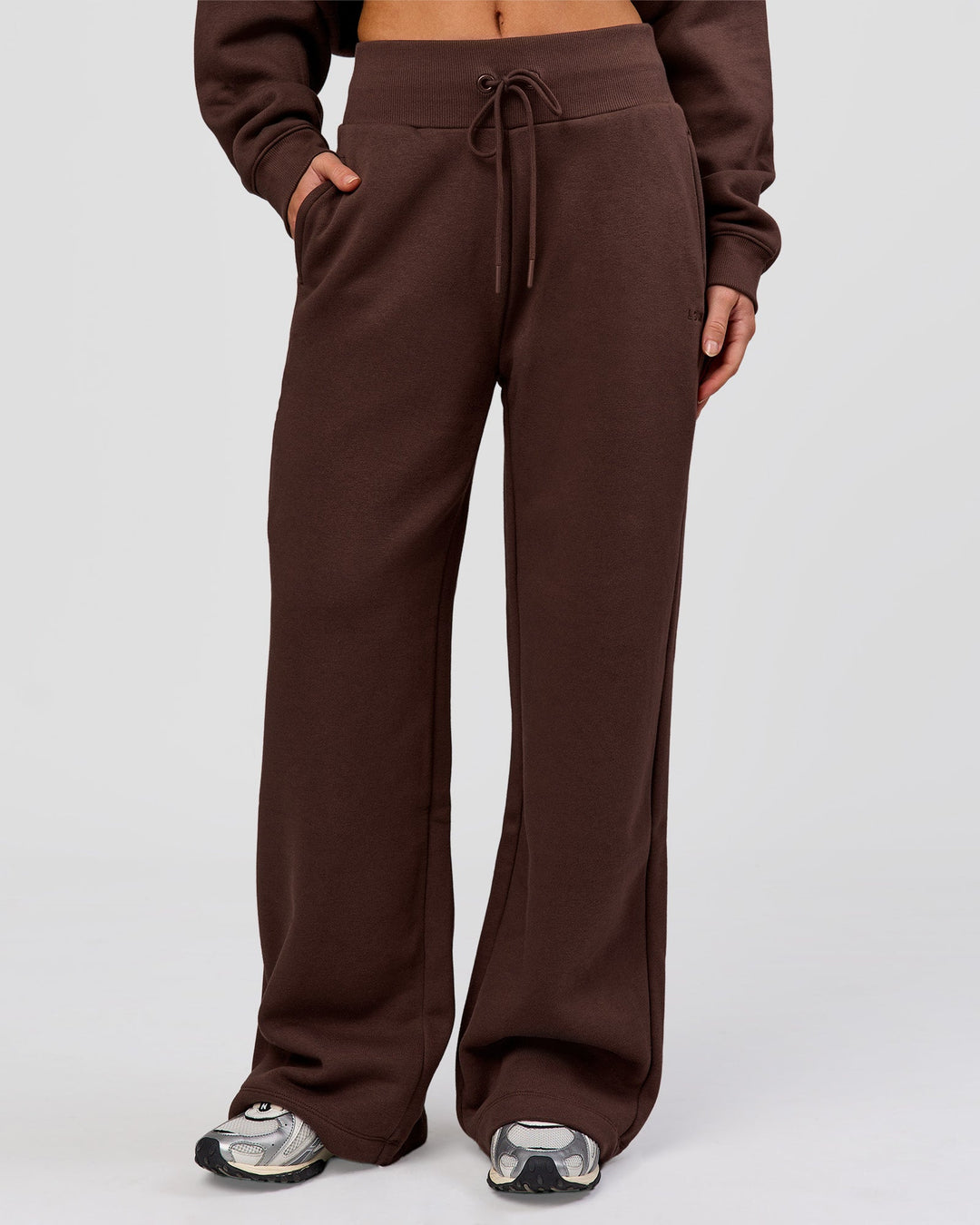 Woman wearing Go-To Wide Leg Track Pant - Hot Chocolate | Model:Issy | Size:S