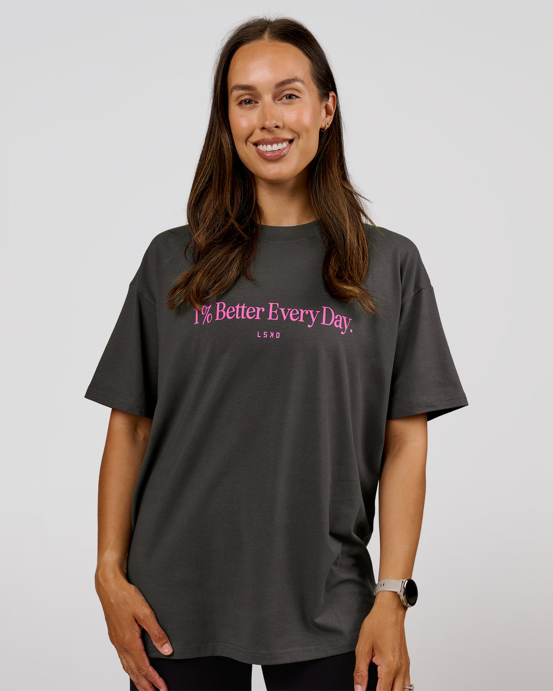 Woman wearing VS6 1% Better Fathers Day FLXCotton Oversized Tee - Dark Storm | Model:Jess | Size:S - view 4