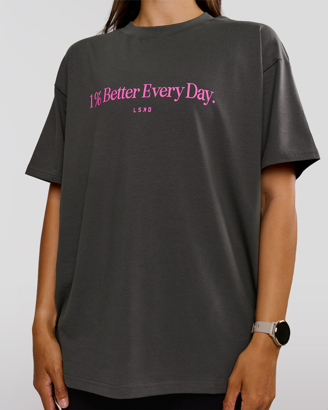Woman wearing VS6 1% Better Fathers Day FLXCotton Oversized Tee - Dark Storm | Model:Jess | Size:S - view 10