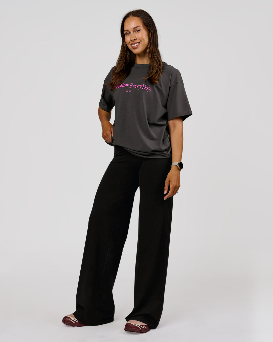 Woman wearing VS6 1% Better Fathers Day FLXCotton Oversized Tee - Dark Storm | Model:Jess | Size:S - view 13