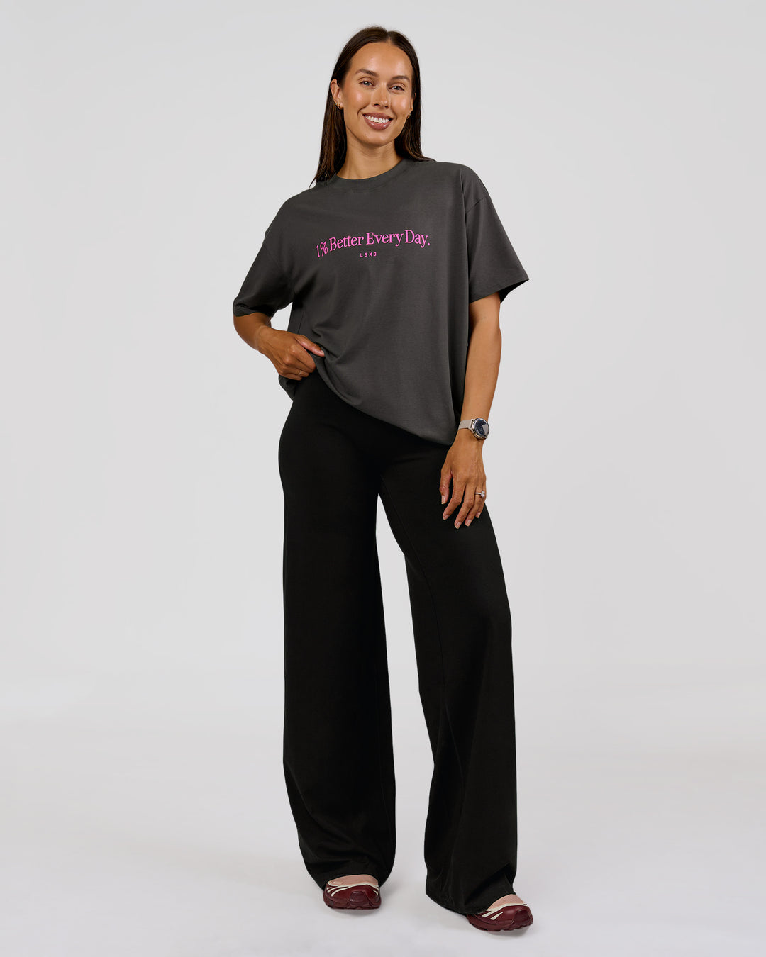 Woman wearing VS6 1% Better Fathers Day FLXCotton Oversized Tee - Dark Storm | Model:Jess | Size:S - view 16