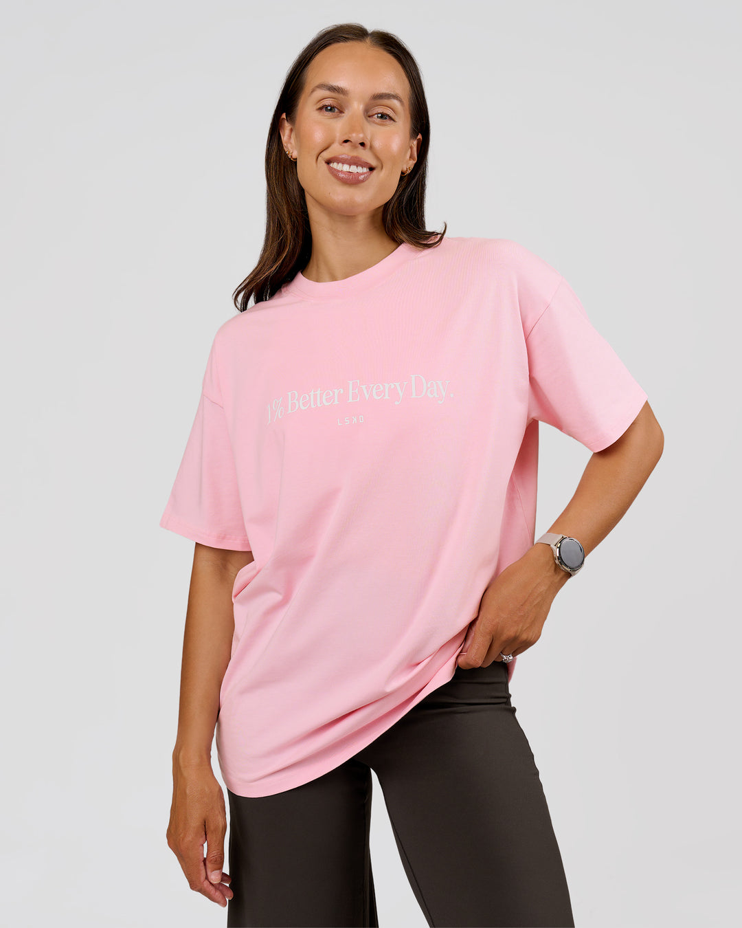 Woman wearing VS6 1% Better Fathers Day FLXCotton Oversized Tee - Marshmallow | Model:Jess | Size:S - view 3