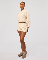 Woman wearing CloudWaffle Wide Leg Shorts - Vanilla Bean | Model:Jordan | Size:S | Thumbnail Index: 1