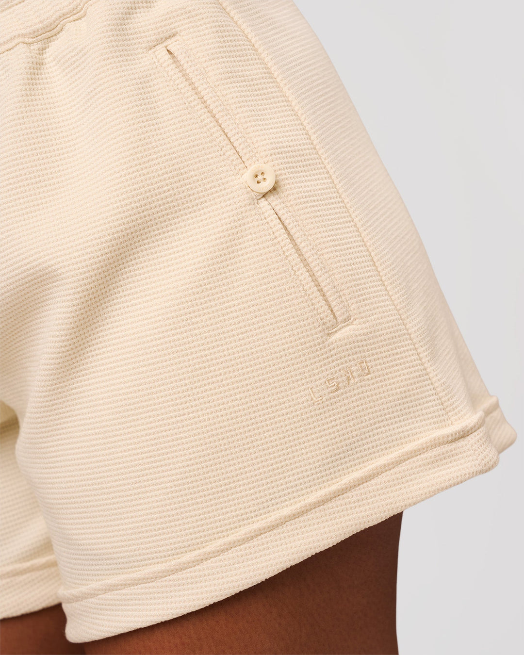 Woman wearing CloudWaffle Wide Leg Shorts - Vanilla Bean | Model:Jordan | Size:S - view 5