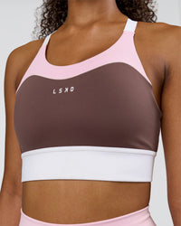 Woman wearing Elevated Accelerate Sports Bra - Cocoa Powder-Marshmallow-White | Model:Jordan | Size:S | Thumbnail Index: 0