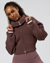 Woman wearing Fierce Knitted Cardigan - Cocoa Powder-White | Model:Jordan | Size:S | Thumbnail Index: 1