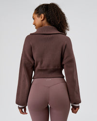 Woman wearing Fierce Knitted Cardigan - Cocoa Powder-White | Model:Jordan | Size:S | Thumbnail Index: 3