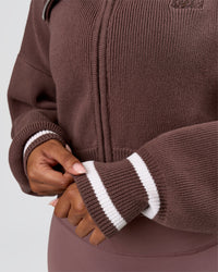 Woman wearing Fierce Knitted Cardigan - Cocoa Powder-White | Model:Jordan | Size:S | Thumbnail Index: 5