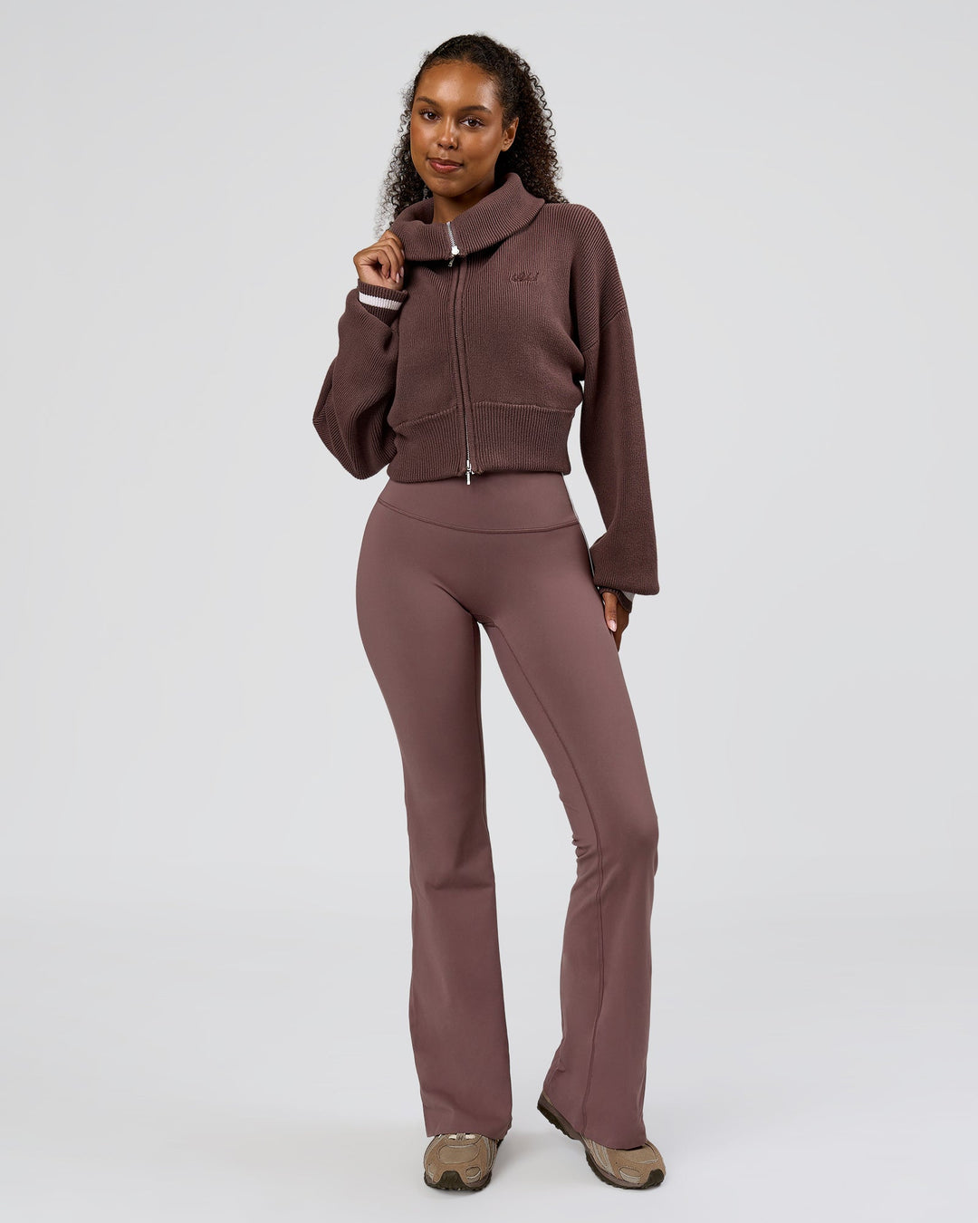 Woman wearing Fierce Knitted Cardigan - Cocoa Powder-White | Model:Jordan | Size:S - view 7