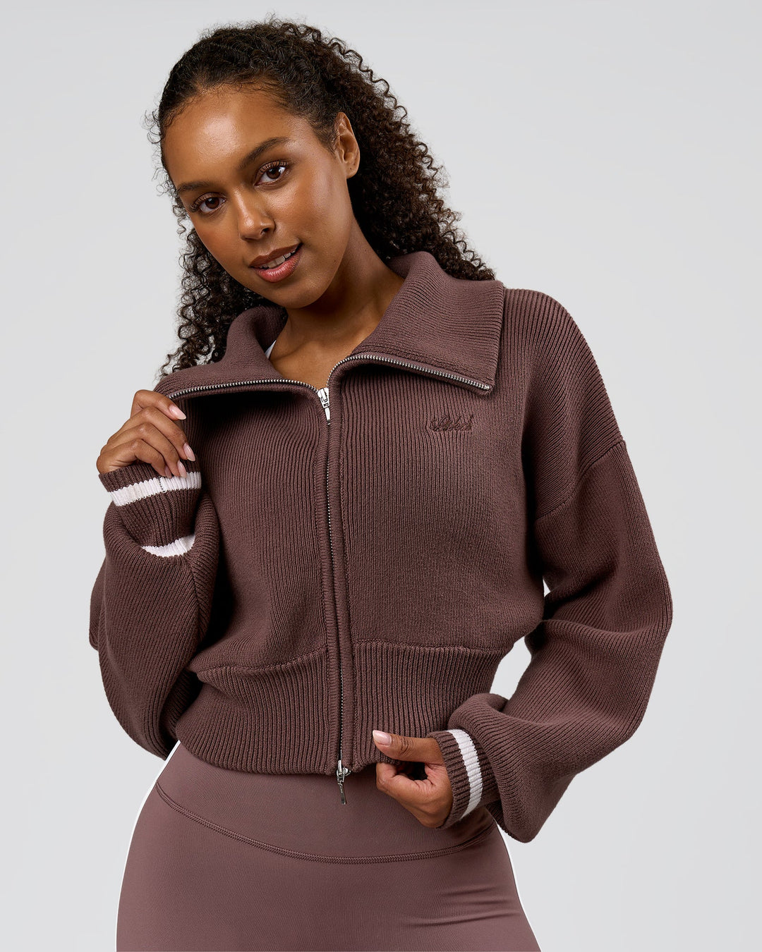 Woman wearing Fierce Knitted Cardigan - Cocoa Powder-White | Model:Jordan | Size:S - view 1