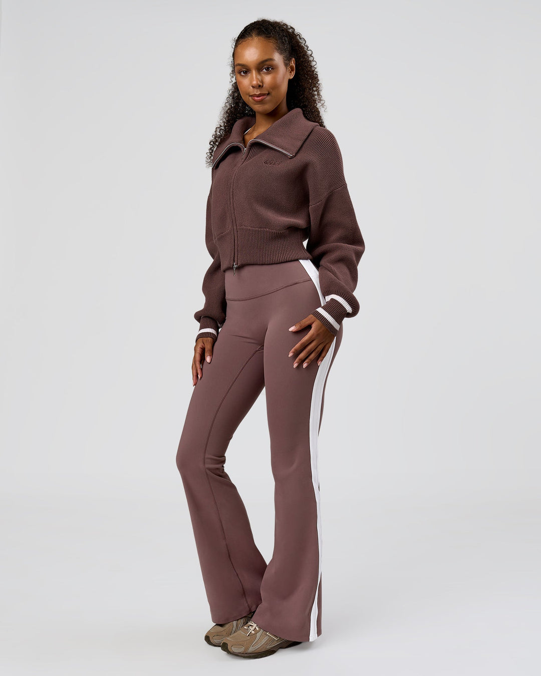 Woman wearing Fierce Knitted Cardigan - Cocoa Powder-White | Model:Jordan | Size:S - view 9