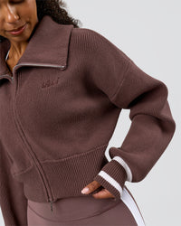 Woman wearing Fierce Knitted Cardigan - Cocoa Powder-White | Model:Jordan | Size:S | Thumbnail Index: 9
