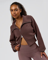 Woman wearing Fierce Knitted Cardigan - Cocoa Powder-White | Model:Jordan | Size:S | Thumbnail Index: 10