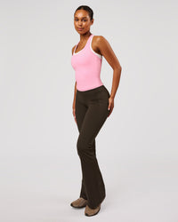 Woman wearing Fusion V-Contour High-Rise Flared Legging Pockets - Ground Coffee | Model:Jordan | Size:S | Thumbnail Index: 9