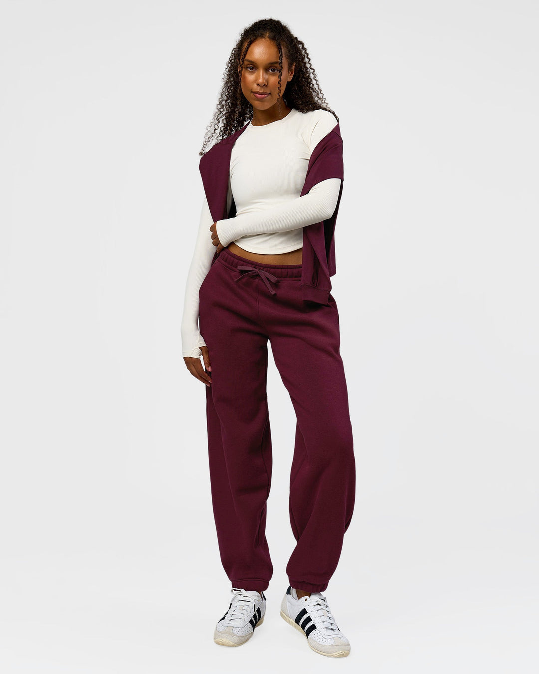 Woman wearing Go-To Oversized Track Pant - Cherry Lacquer | Model:Jordan | Size:S - view 5