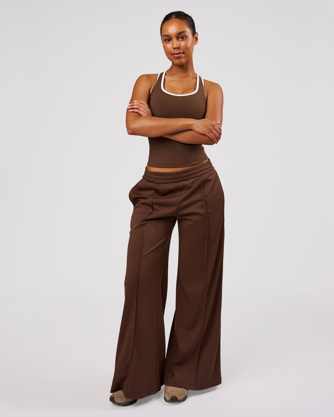 Woman wearing Urban Wide Leg Track Pant - Hot Chocolate-Open Air | Model:Jordan | Size:S - view 3