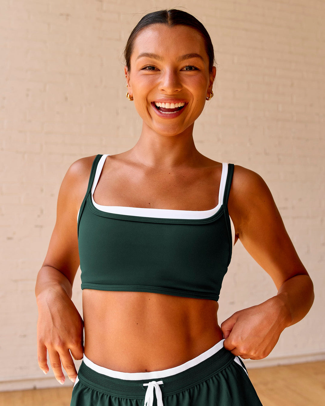 Woman wearing Balance Sports Bra - Midnight Green-White | Model:Meg | Size:S - view 10