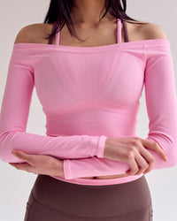 Woman wearing Bree Bardot Long Sleeve Top - Pink Rose | Model:Rianna | Size:S | Thumbnail Index: 10