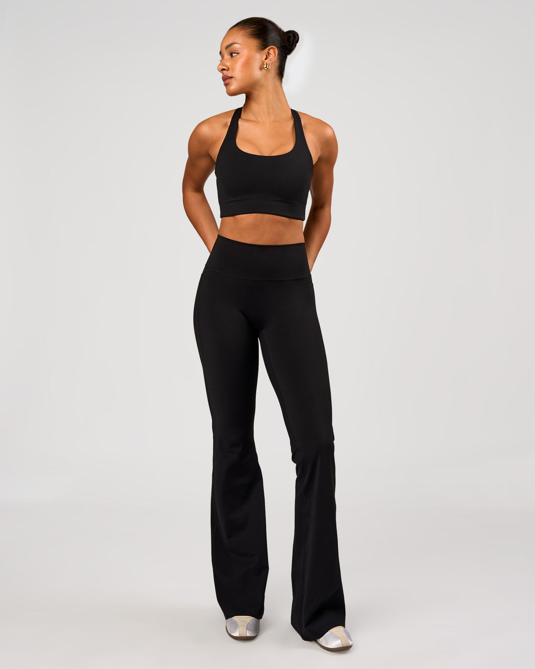 Woman wearing Flow Long Line Sports Bra - Black | Model:Rosie | Size:S - view 5
