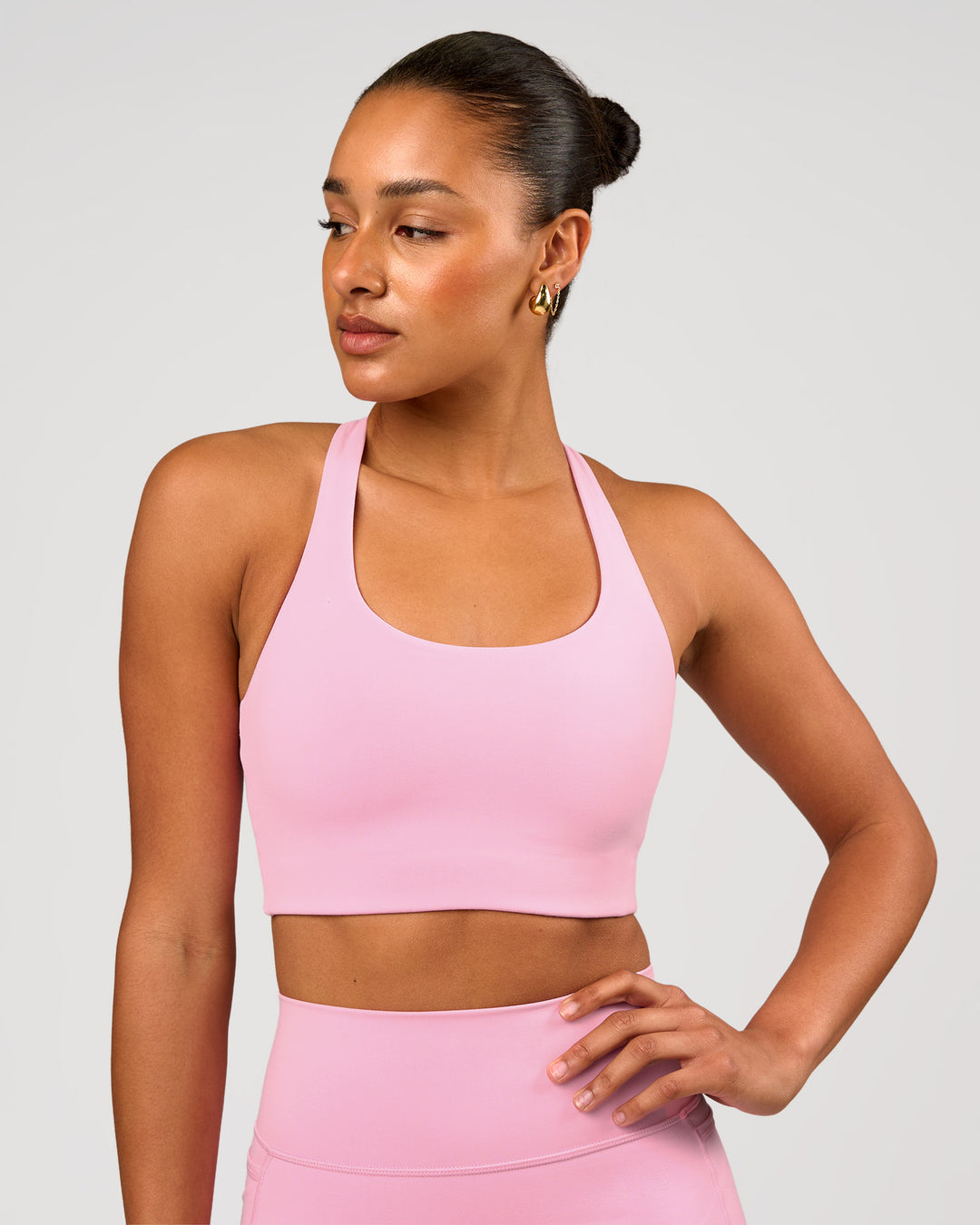 Woman wearing Flow Long Line Sports Bra - Pink Rose | Model:Rosie | Size:S - view 4