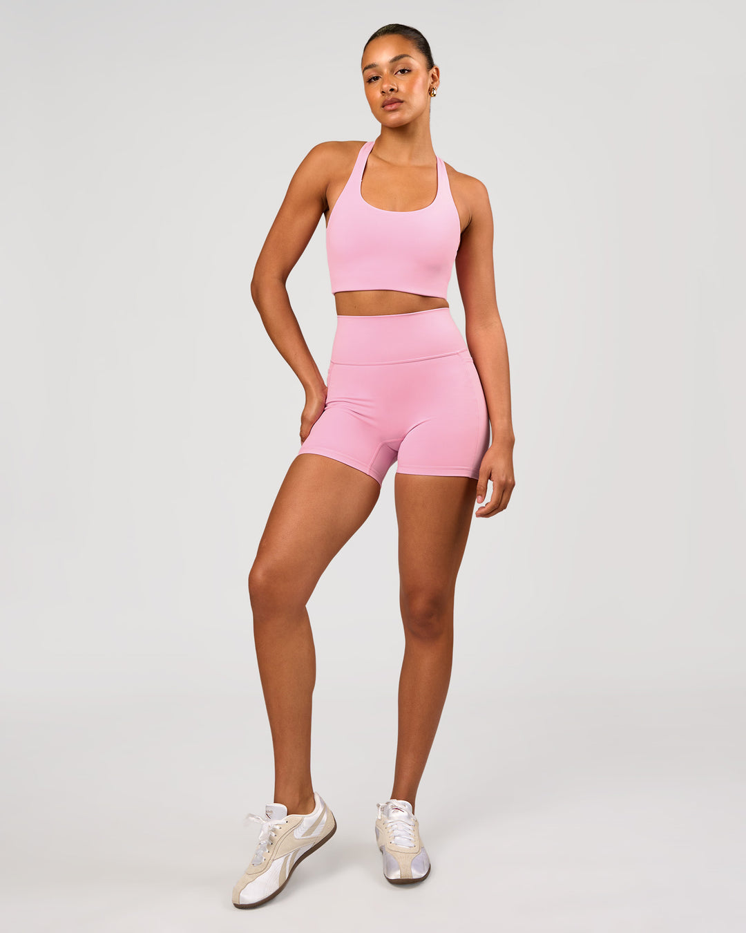 Woman wearing Flow Long Line Sports Bra - Pink Rose | Model:Rosie | Size:S - view 6
