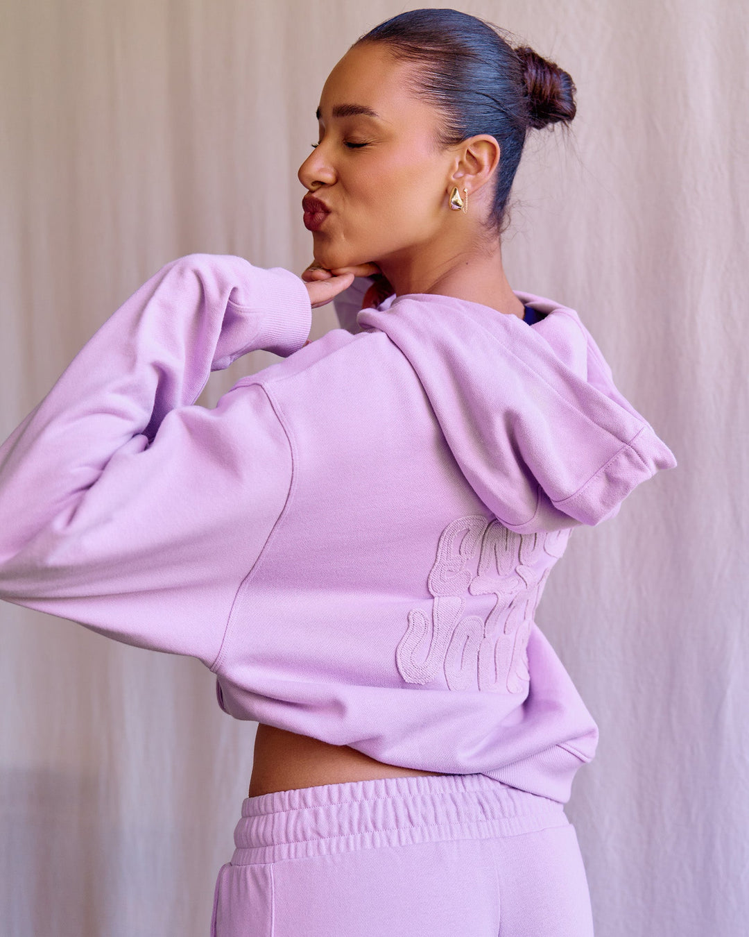 Woman wearing MVP Elite French Terry Hoodie - Pale Lilac | Model:Rosie | Size:S - view 6