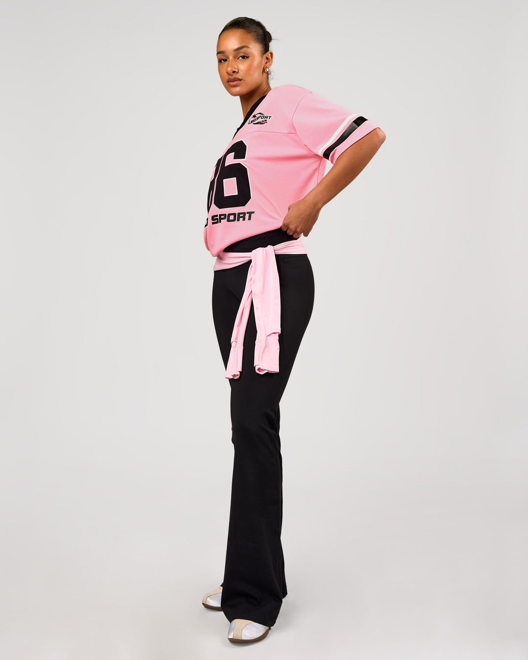 Woman wearing Playmaker V-Neck Jersey - Pink Rose-Black | Model:Rosie | Size:S - view 4
