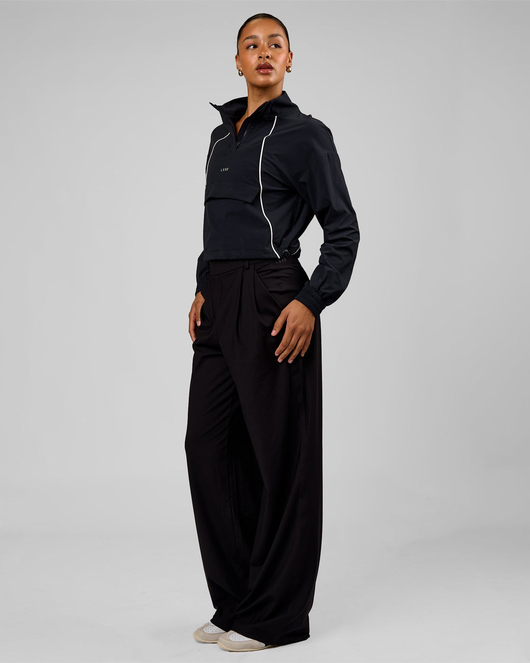 Woman wearing StretchShift Wide Leg Pant Tall - Black | Model:Rosie | Size:S - view 4