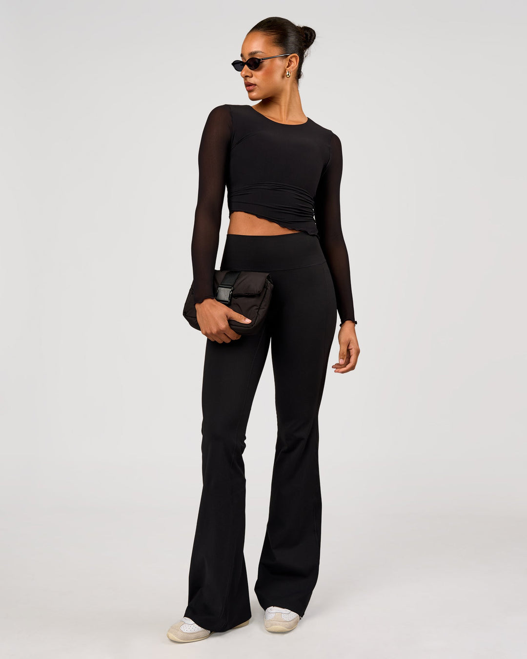 Woman wearing Studio Mesh Asymmetric Long Sleeve - Black | Model:Rosie | Size:S - view 5