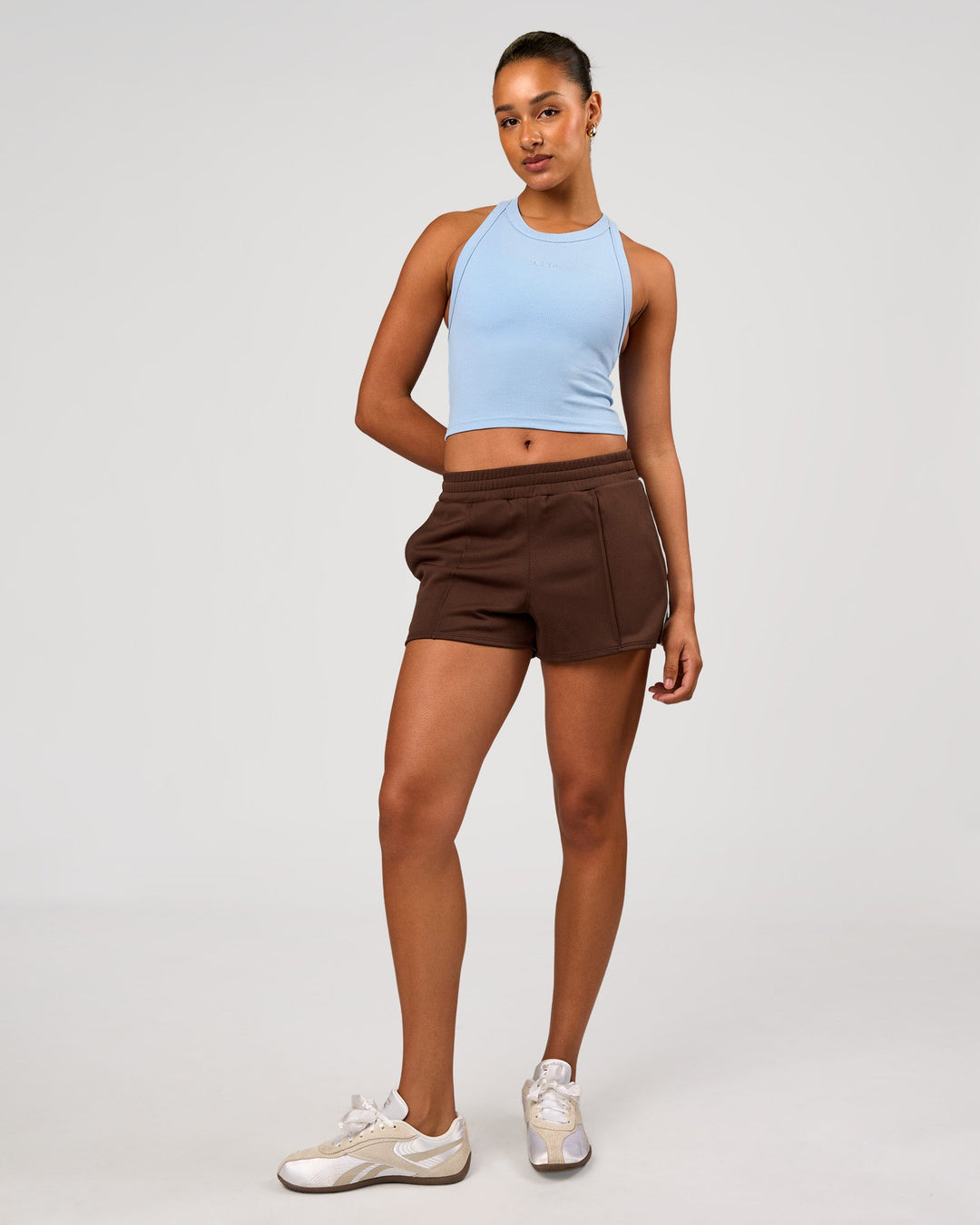 Woman wearing Urban Track Short - Hot Chocolate-Open Air | Model:Rosie | Size:S - view 4