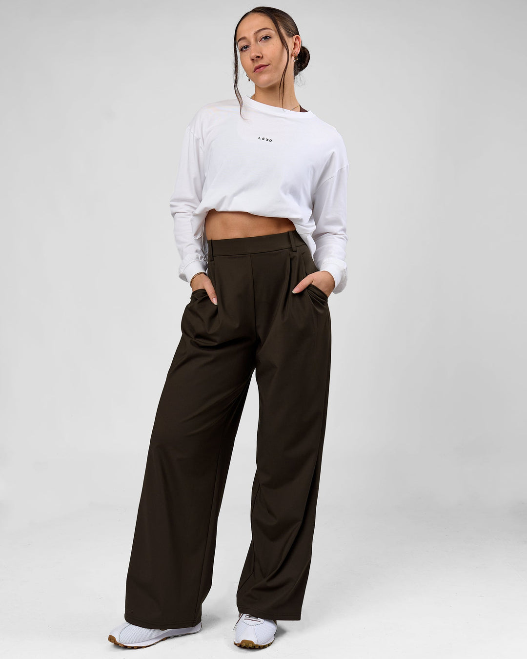 Woman wearing StretchShift Wide Leg Pant - Ground Coffee | Model:Summer | Size:S - view 7