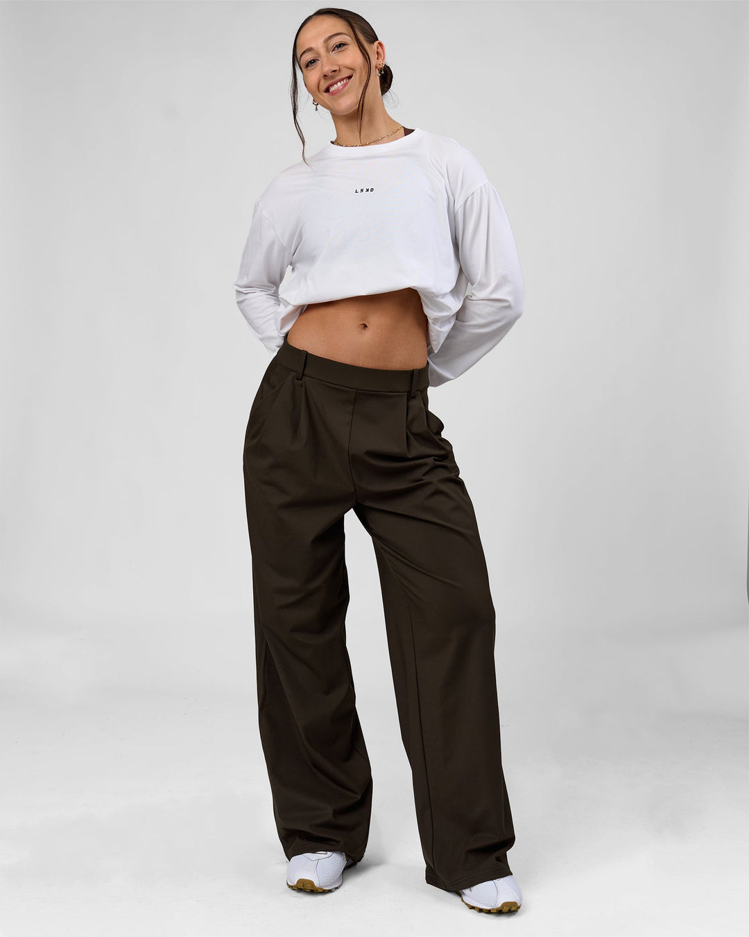 Woman wearing StretchShift Wide Leg Pant - Ground Coffee | Model:Summer | Size:S - view 9