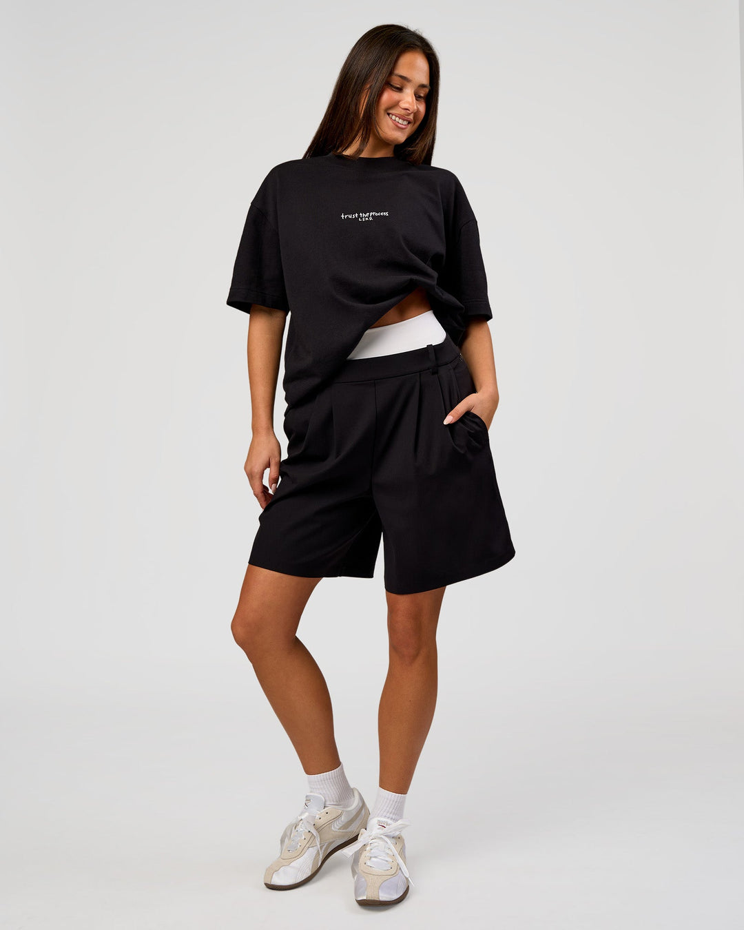 Woman wearing Andrew J. Steel x LSKD Heavyweight Boxed Tee - Black | Model:Bianca | Size:XS - view 7