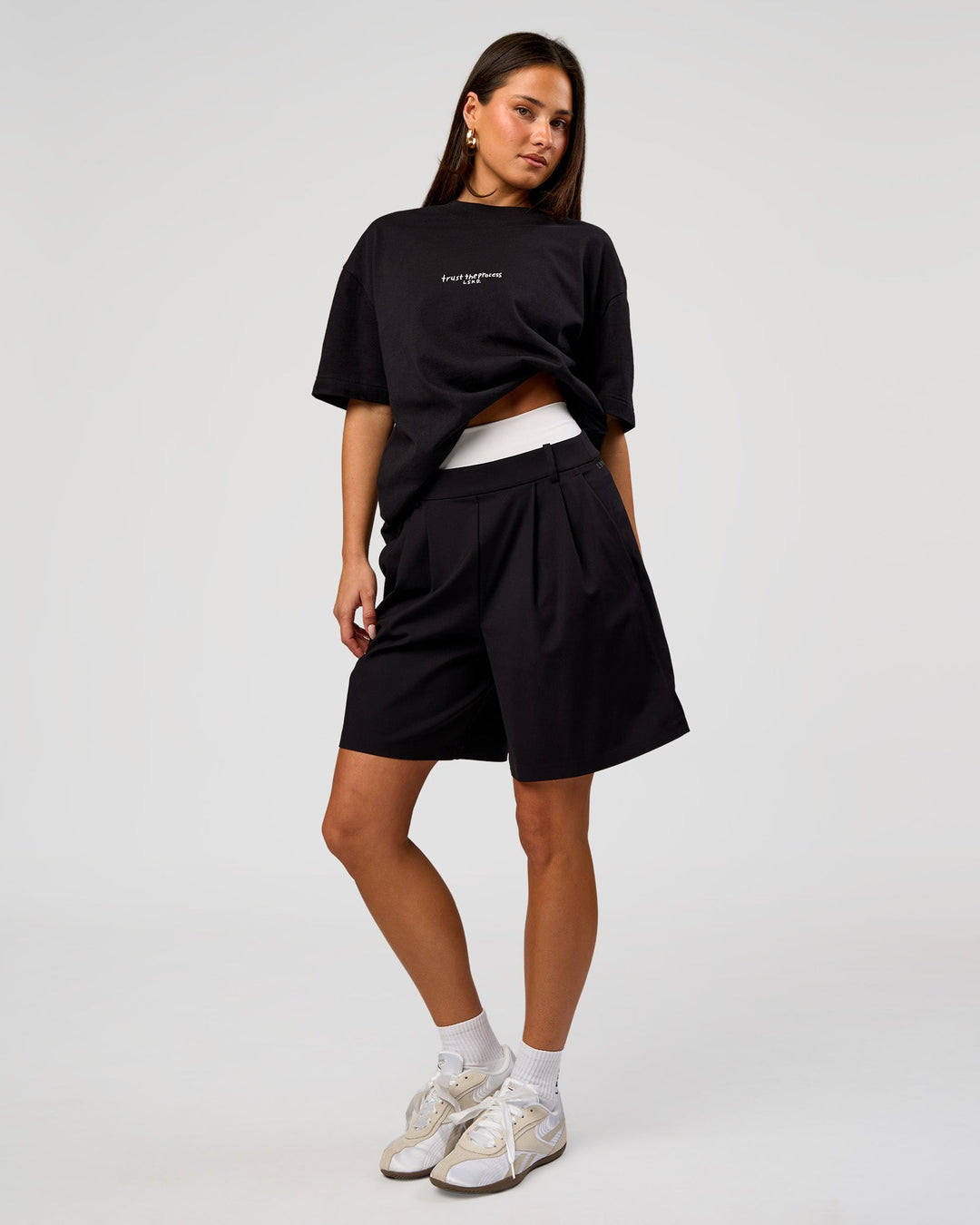 Woman wearing Andrew J. Steel x LSKD Heavyweight Boxed Tee - Black | Model:Bianca | Size:XS - view 9