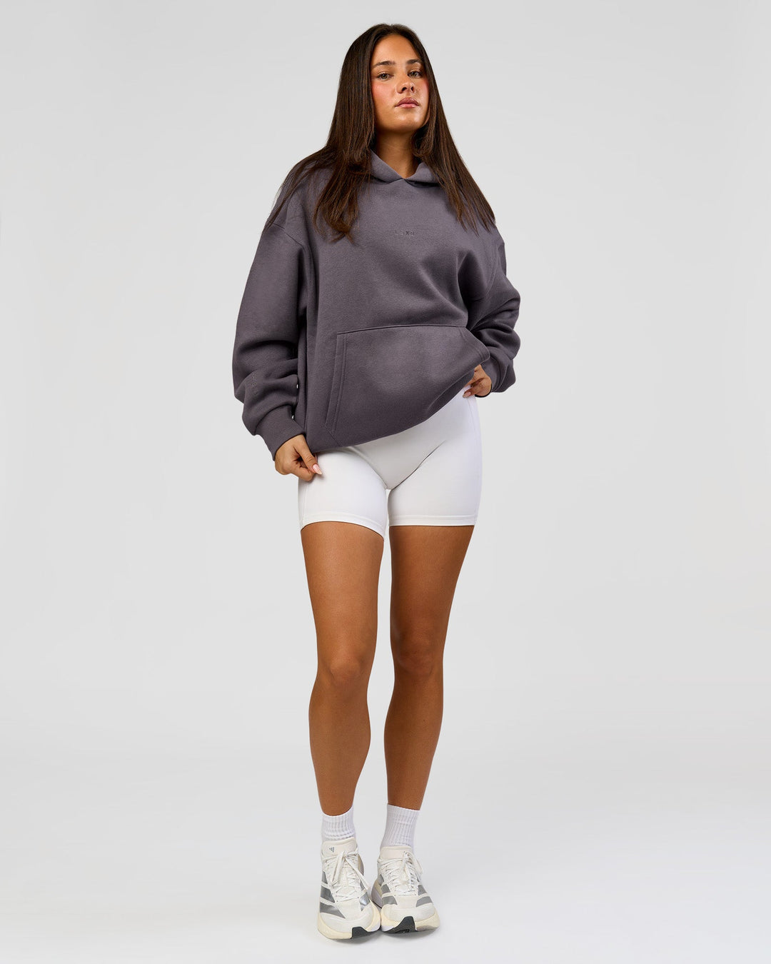 Woman wearing Base Oversized Hoodie - Duskstone | Model:Bianca | Size:XS - view 11