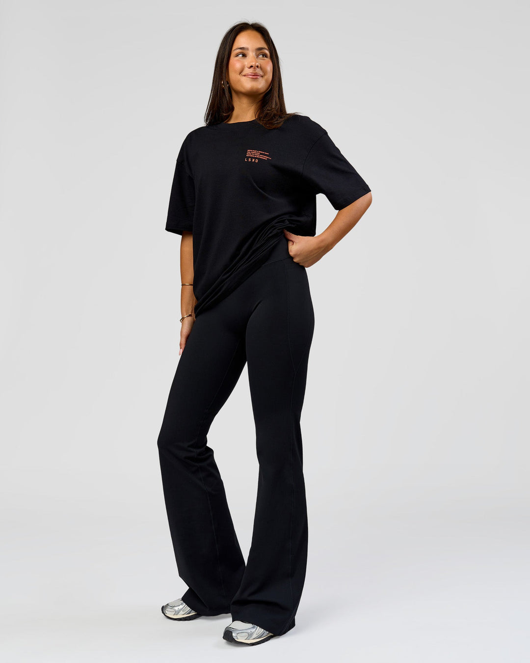 Woman wearing Coffee Run FLXCotton Oversized Tee - Black-Ultra Orange | Model:Bianca | Size:XS - view 10